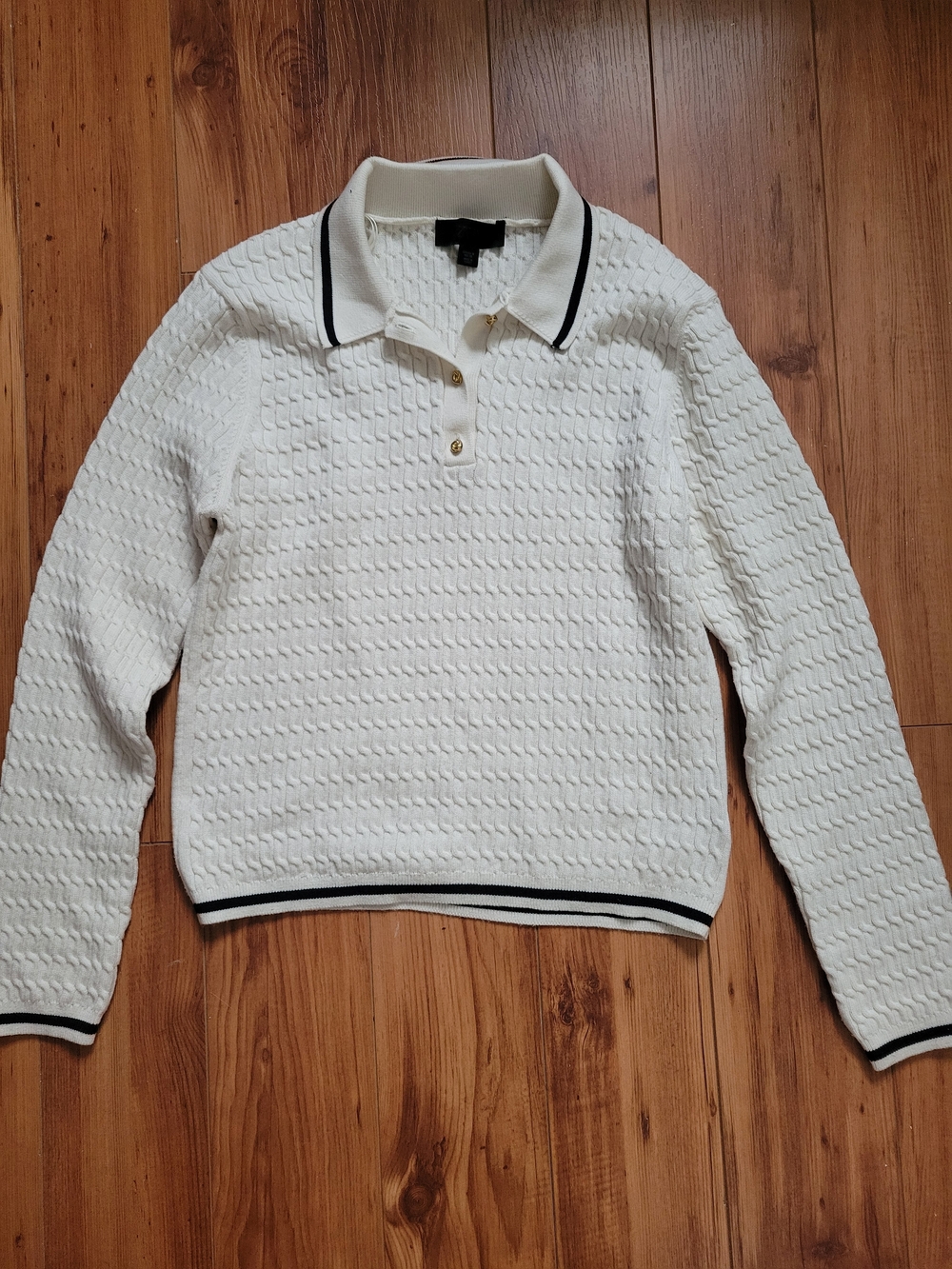 Zara White Quilted Knit Polo Sweater with Black Label